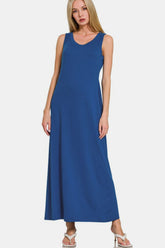 Zenana Scoop Neck Wide Strap Tank Dress Navy OutfitFlow